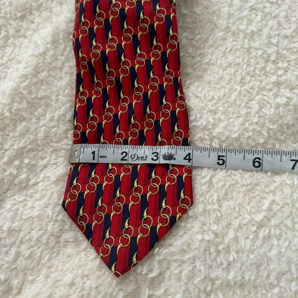 Vintage Paolo Gucci Red Navy Horse Bit Pattern Print Silk Made In Italy Tie
